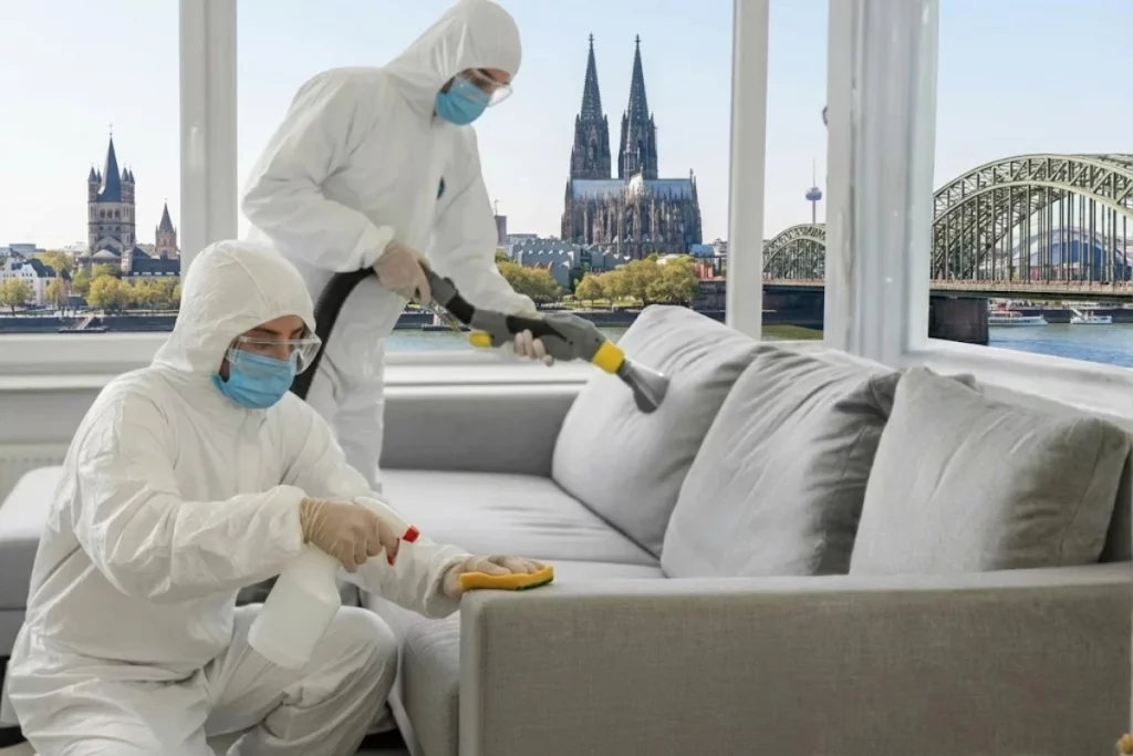 Ein Team macht ein Sofa sauber. Unsere Leistung: Polsterreinigung Köln